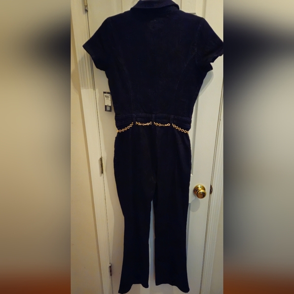Guess Ember LeClique Denim Dark Blue Jumpsuit with Gold Chain Belt-Size Medium - Picture 7 of 13